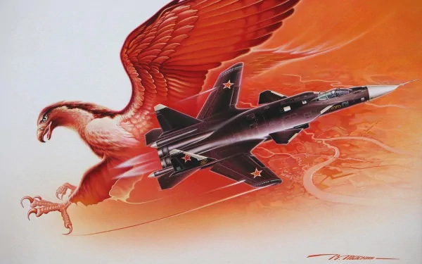 HD military desktop wallpaper featuring a dynamic Sukhoi Su-47 fighter jet soaring alongside a fierce, fiery red eagle in mid-flight.