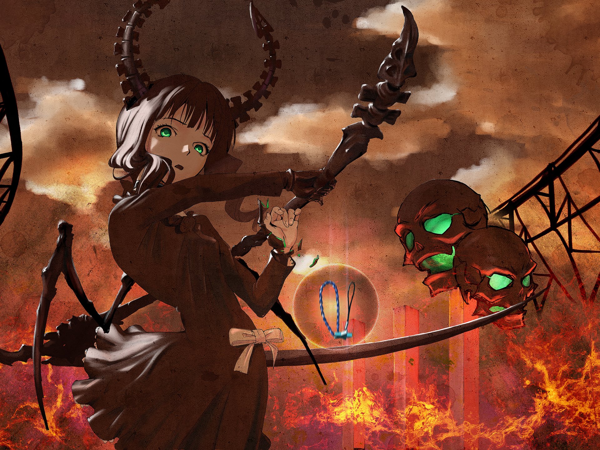 Dead Master (Black Rock Shooter) anime 4K Ultra HD PC desktop wallpaper: horned Dead Master with glowing green eyes and scythe bearing floating green skulls over a fiery industrial landscape.