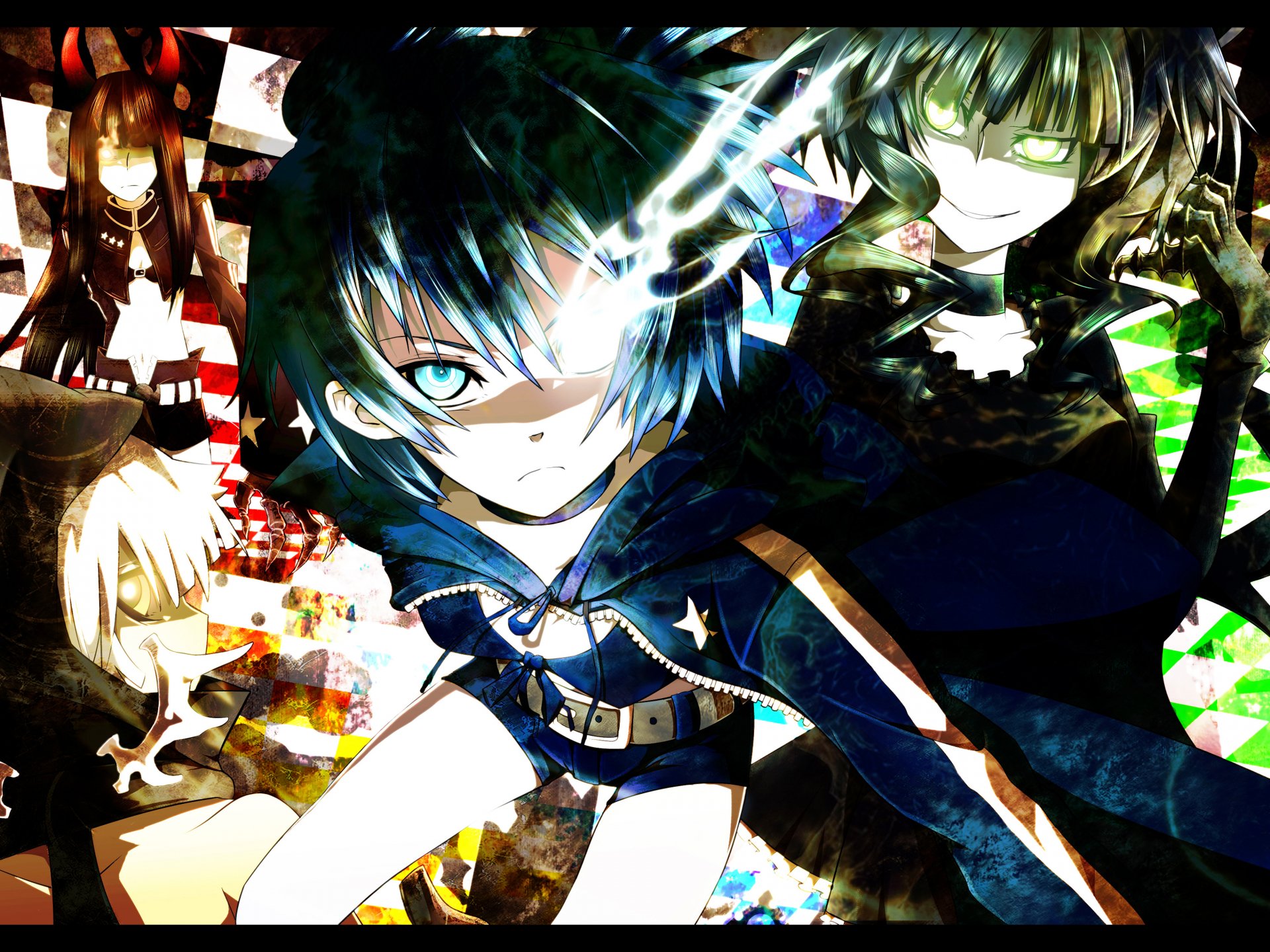 A dynamic 4K Ultra HD wallpaper featuring characters from Black Rock Shooter, including Dead Master, Strength, and Black Gold Saw, set against a vibrant, abstract background.