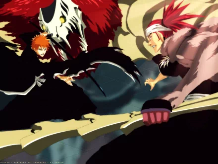 High-definition wallpaper featuring Renji Abarai and Ichigo Kurosaki from the anime Bleach, showcasing an intense battle scene with dramatic colors and dynamic action.