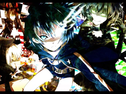 A dynamic 4K Ultra HD wallpaper featuring characters from Black Rock Shooter, including Dead Master, Strength, and Black Gold Saw, set against a vibrant, abstract background.
