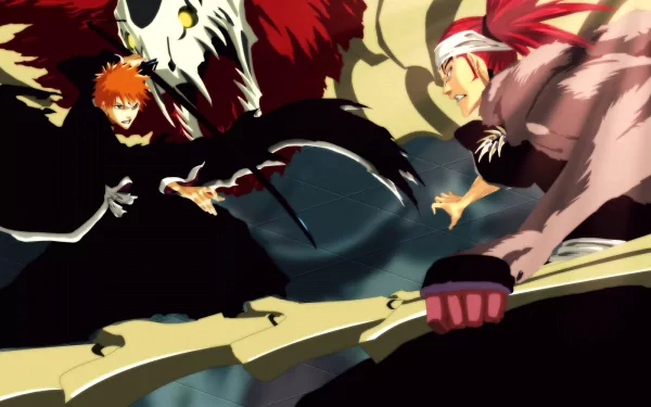 High-definition wallpaper featuring Renji Abarai and Ichigo Kurosaki from the anime Bleach, showcasing an intense battle scene with dramatic colors and dynamic action.