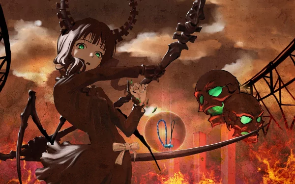 Dead Master (Black Rock Shooter) anime 4K Ultra HD PC desktop wallpaper: horned Dead Master with glowing green eyes and scythe bearing floating green skulls over a fiery industrial landscape.