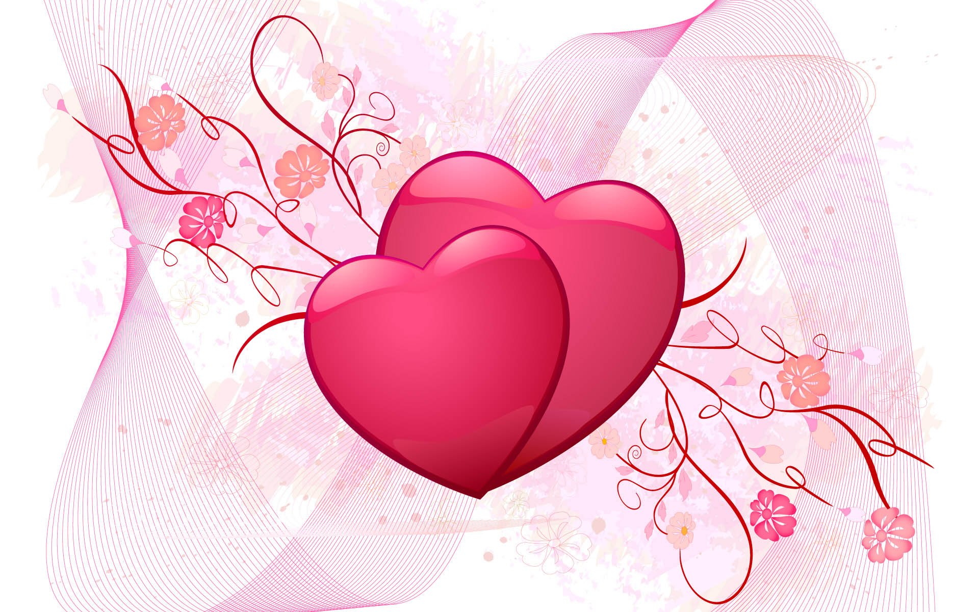 An artistic HD desktop wallpaper featuring two intertwined pink hearts surrounded by flowing lines and floral elements, conveying themes of love and affection.