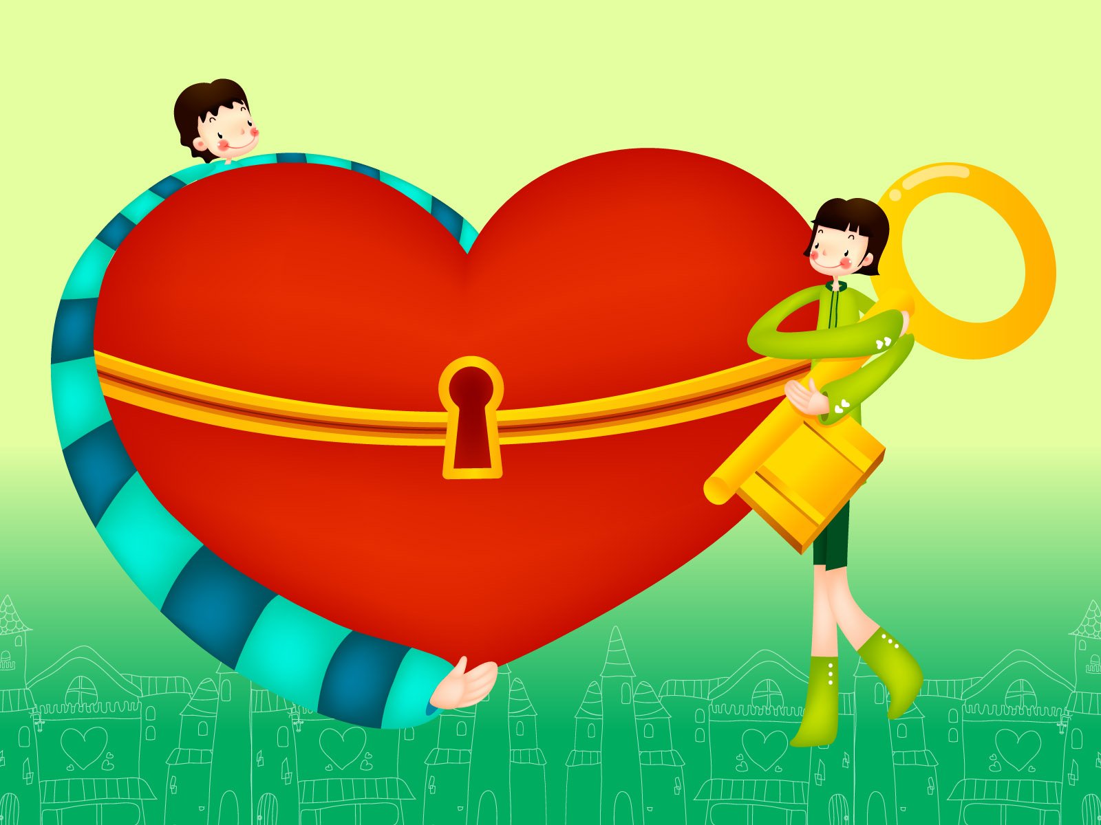 A vibrant HD desktop wallpaper featuring playful characters with a large red heart and a key, embodying themes of love and affection against a cheerful background.