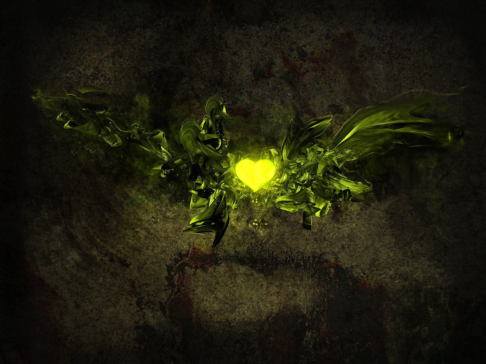 Artistic HD desktop wallpaper featuring a glowing yellow heart held by abstract green wings, symbolizing love in a dark, textured background.