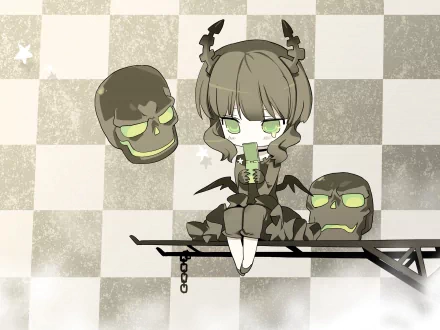 A stylish 4K Ultra HD wallpaper featuring Dead Master from Black Rock Shooter, depicted with a green-eyed character, skulls, and a checkerboard background.
