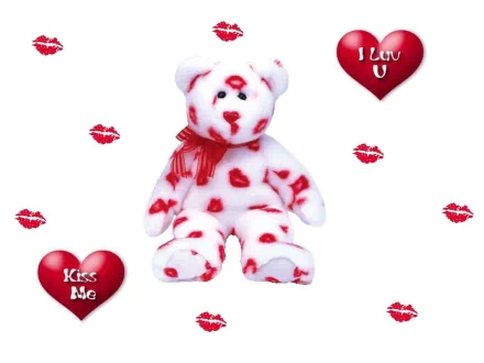 HD wallpaper featuring a white teddy bear adorned with red heart patterns, surrounded by red kiss marks. The image includes red heart graphics with the text Kiss Me and I Luv U, creating an artistic love-themed background.