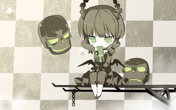 A stylish 4K Ultra HD wallpaper featuring Dead Master from Black Rock Shooter, depicted with a green-eyed character, skulls, and a checkerboard background.