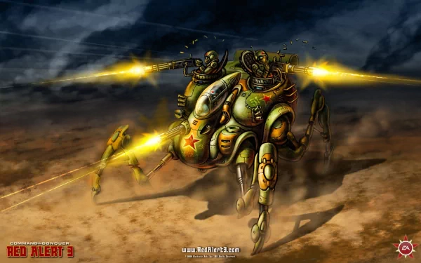 HD desktop wallpaper from the video game Command & Conquer: Red Alert 3, featuring a futuristic mechanical spider-like combat unit firing weapons in a smoky battlefield.