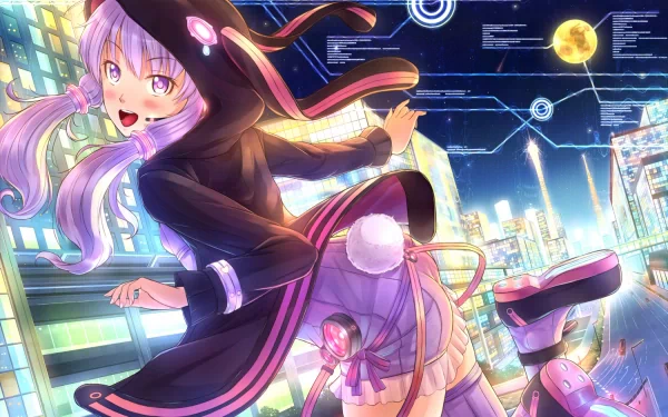 HD anime desktop wallpaper featuring Yuzuki Yukari from Vocaloid, depicted in a dynamic pose against a vibrant cityscape at night with glowing neon lights and a full moon.
