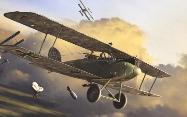 HD PC desktop wallpaper featuring a detailed military biplane aircraft in mid-flight amid clouds and distant planes, capturing a dynamic aerial scene.