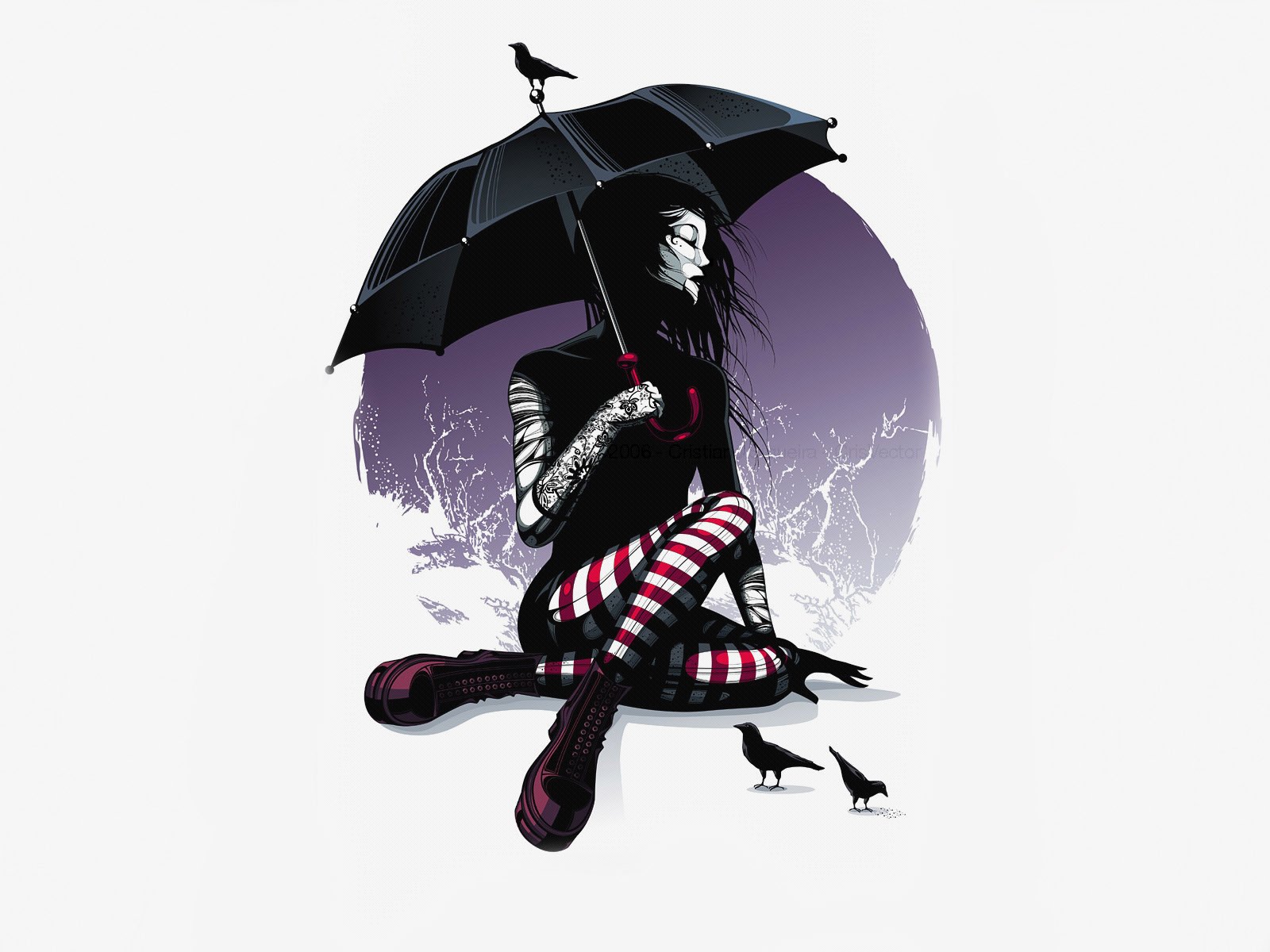 Artistic HD PC desktop wallpaper background: stylized woman in a black coat holding an umbrella, seated cross-legged with red-and-white striped tights before a violet lightning halo, two small crows nearby.