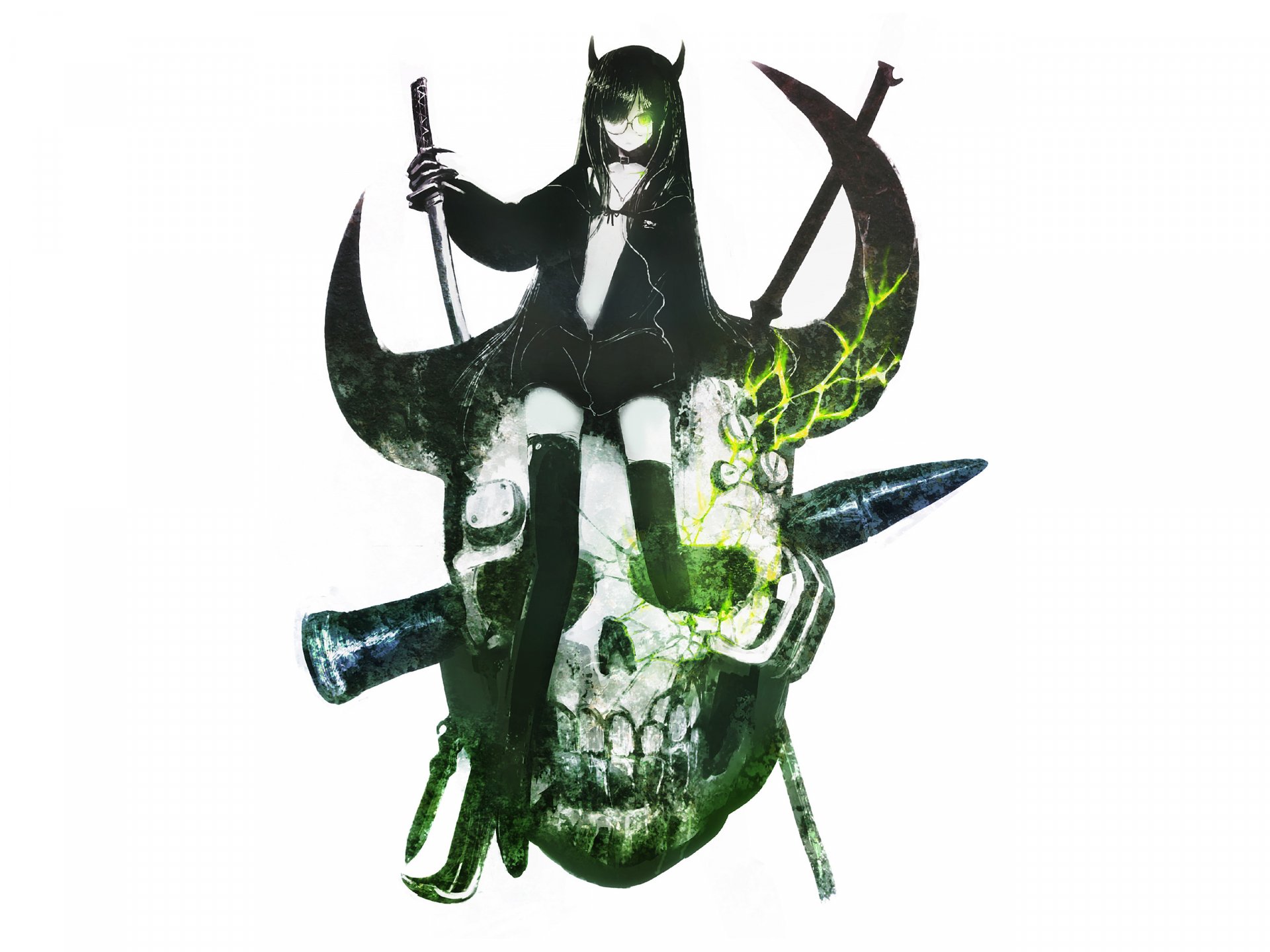 A striking HD wallpaper featuring Dead Master from Black Rock Shooter, sitting on a skull adorned with weapons and green lightning, capturing the anime's dark aesthetic.