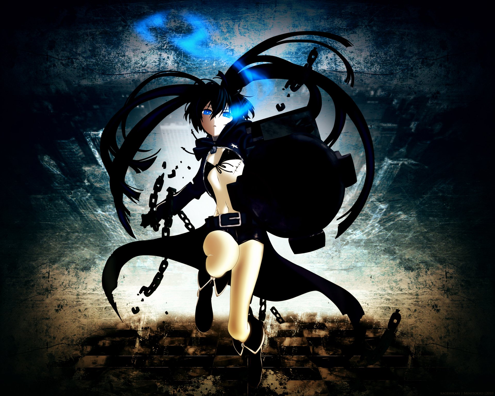 Anime Black Rock Shooter in a dynamic pose, glowing blue eye and flowing black ribbons, wielding a gun against a gritty dark backdrop — 2K Quad HD PC desktop wallpaper/background.