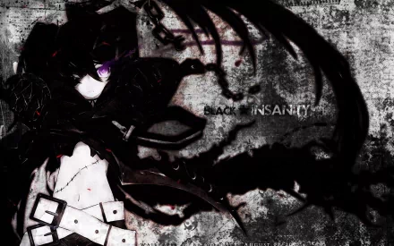HD anime desktop wallpaper featuring Insane Black Rock Shooter with dark, intense tones and striking purple eye detail, embodying a gritty Black Rock Shooter theme.