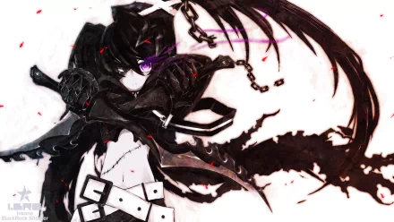 HD PC desktop wallpaper featuring Insane Black Rock Shooter from the anime Black Rock Shooter, showcasing dynamic dark and fiery elements with striking purple eyes.