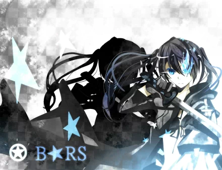 Anime Black Rock Shooter HD PC desktop wallpaper: monochrome portrait of Black Rock Shooter with a glowing blue eye, flowing black hair, star motifs and a weapon on a textured gray background.