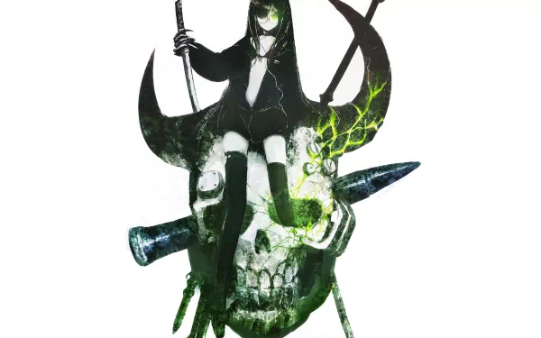 A striking HD wallpaper featuring Dead Master from Black Rock Shooter, sitting on a skull adorned with weapons and green lightning, capturing the anime's dark aesthetic.