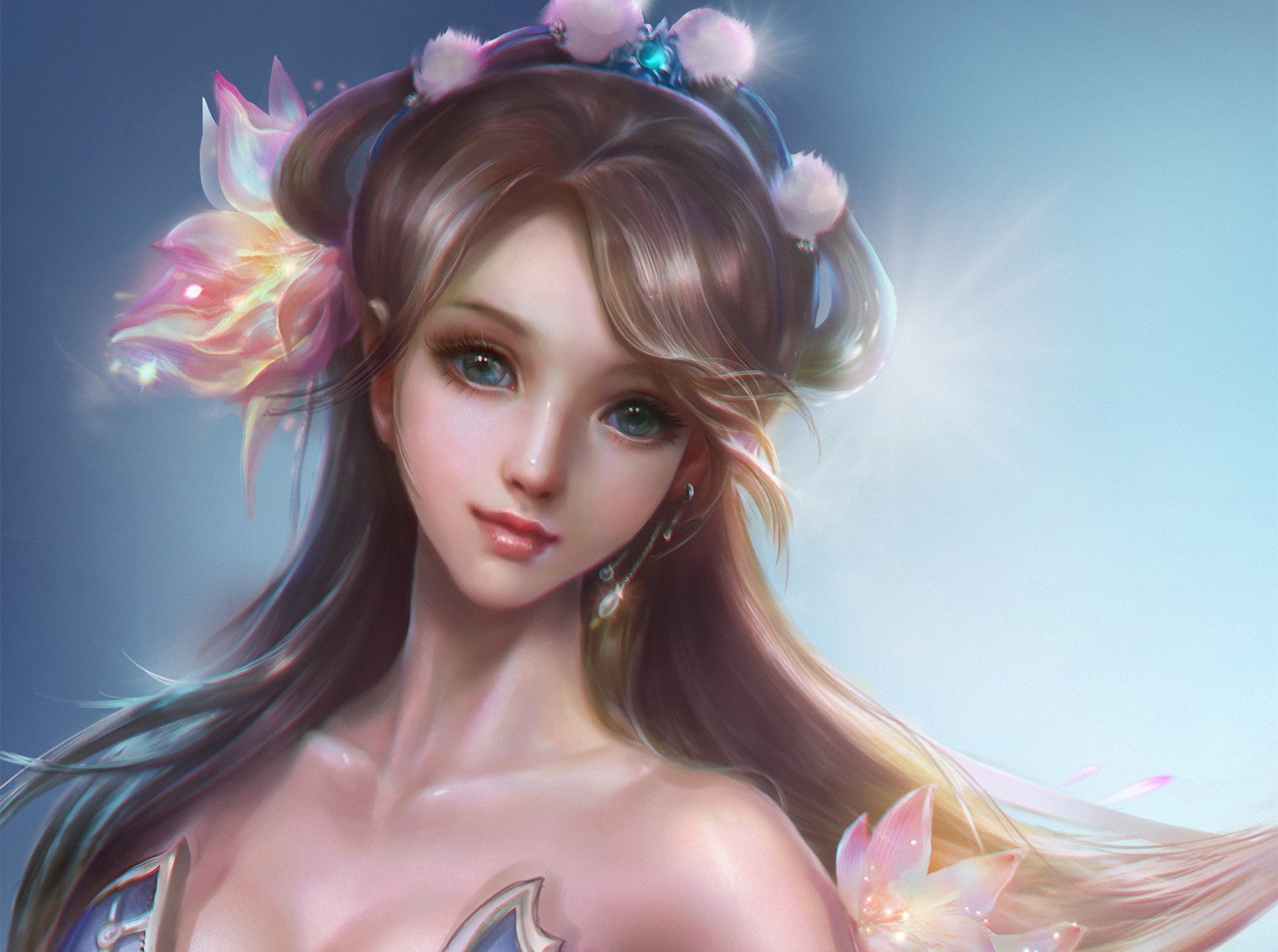 A stunning fantasy-themed HD desktop wallpaper featuring a beautiful woman with flowing hair adorned with flowers, radiating a soft, ethereal glow.