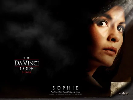 HD desktop wallpaper featuring Audrey Tautou in The Da Vinci Code, named Sophie, with a mysterious, shadowy backdrop.