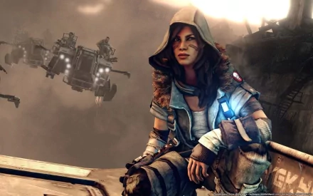 HD PC desktop wallpaper featuring a character from the video game Killzone 3, set against a gritty, futuristic battlefield with flying drones in the background.