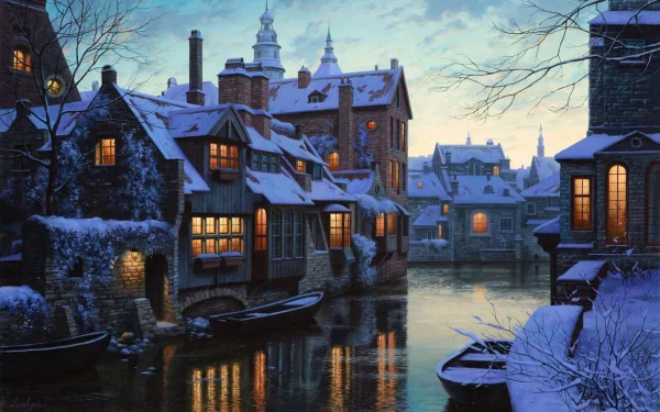 Artistic HD PC desktop wallpaper featuring a serene snowy town with illuminated windows reflecting on a calm river at dusk.