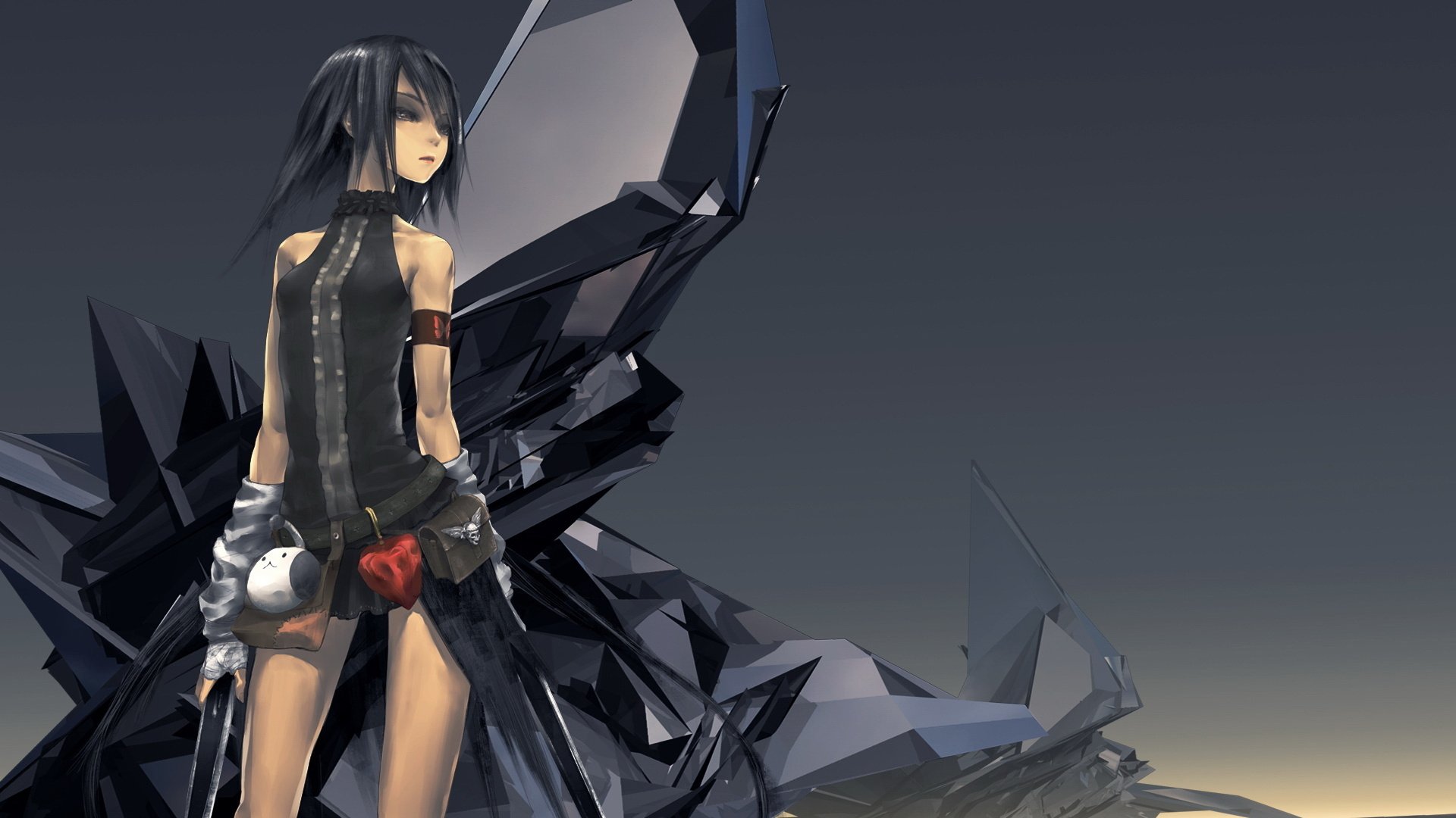 A striking anime character stands confidently against a backdrop of abstract geometric shapes, creating a captivating HD desktop wallpaper. Original artwork captures a unique style.