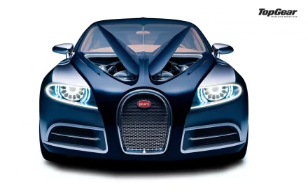 HD desktop wallpaper of a Bugatti Galibier, front view on a simple background, with a TopGear logo in the corner.