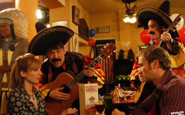 HD wallpaper featuring Katherine Parkinson as Jen Barber from The IT Crowd, in a scene with musicians wearing sombreros.