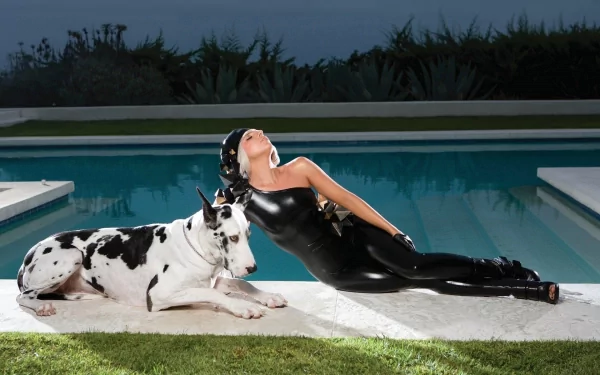 HD desktop wallpaper featuring Lady Gaga in a sleek black outfit reclining by a pool at night, accompanied by a large spotted dog, blending music and striking visuals.