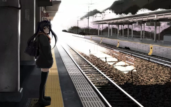 A young woman stands at an anime-themed train station, gazing into the distance as the sun breaks through, creating a dramatic backdrop of tracks and clouds. HD desktop wallpaper.