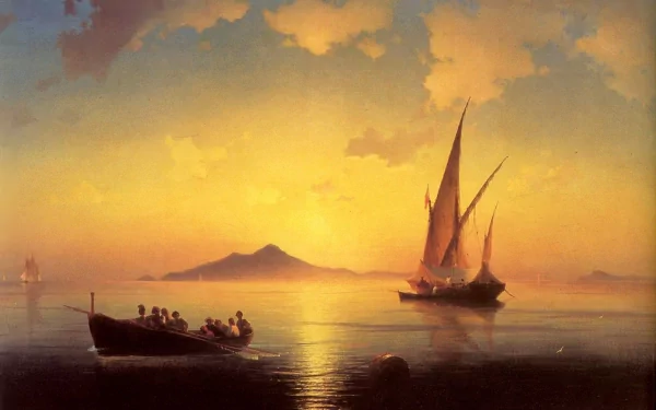 Artistic oil painting of sailboats gliding on calm waters at sunset, rendered in HD quality as a serene PC desktop wallpaper and background.