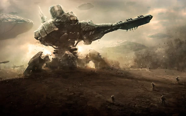 A dramatic sci-fi scene featuring a large robot emerging from the ground, surrounded by hovering spacecraft and small figures exploring the landscape. High-definition desktop wallpaper.