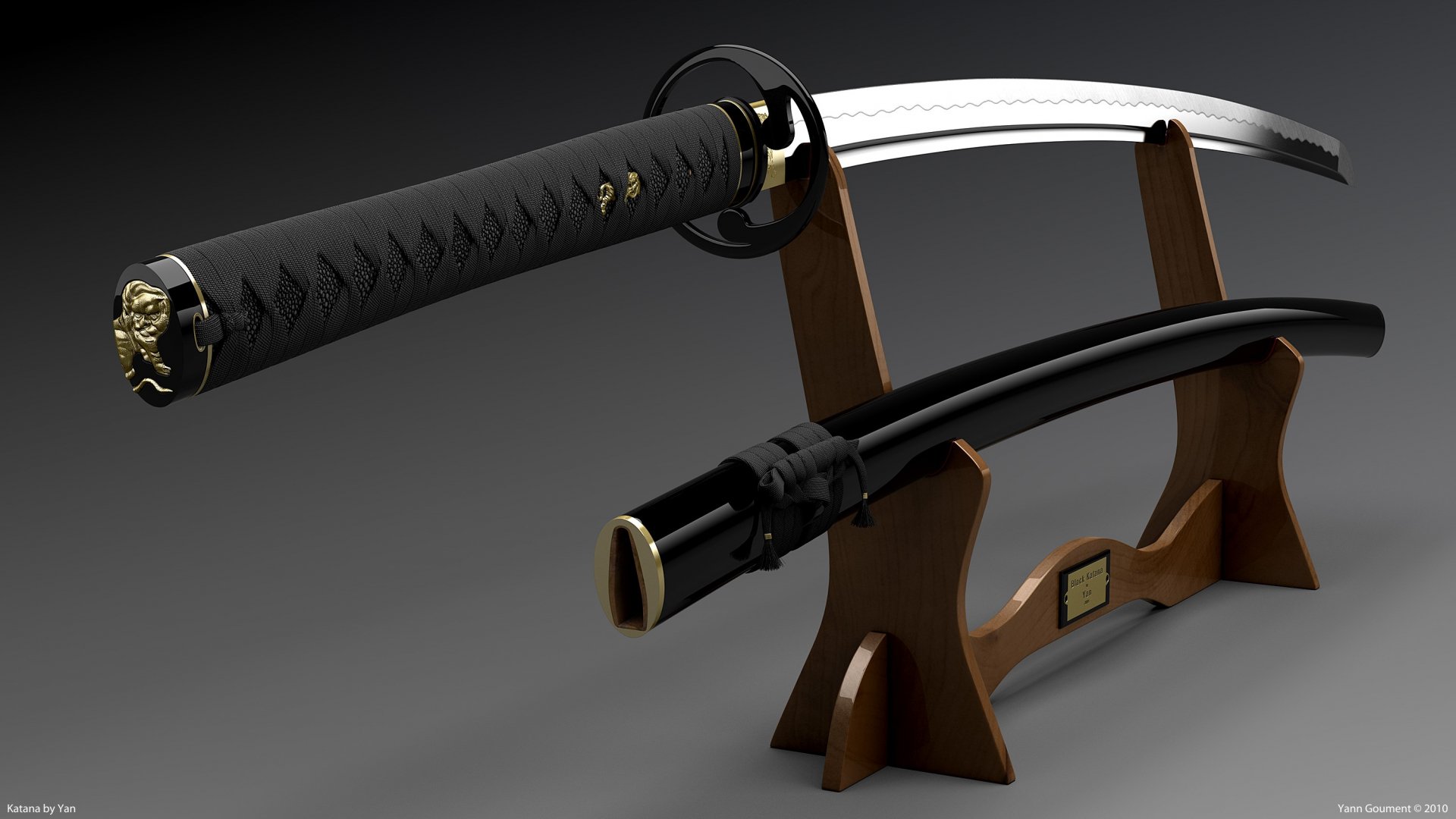 HD desktop wallpaper showing a detailed, man-made Japanese sword displayed on a wooden stand against a dark background.
