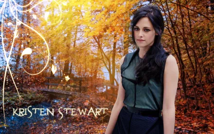 HD wallpaper featuring Kristen Stewart in an autumn forest setting with her name in stylized font on the left side.