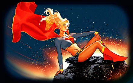 A vibrant HD desktop wallpaper featuring Supergirl in a dynamic pose, showcasing her iconic costume and flowing cape against a striking cosmic background.