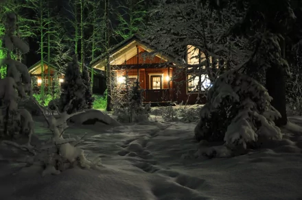A man-made cabin warmly lit at night, surrounded by snow-covered trees, captured in HD for a PC desktop wallpaper background.
