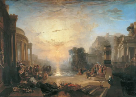 Artistic oil painting depicting a classical riverside scene at sunset, rendered in rich detail, presented as an HD PC desktop wallpaper and background.
