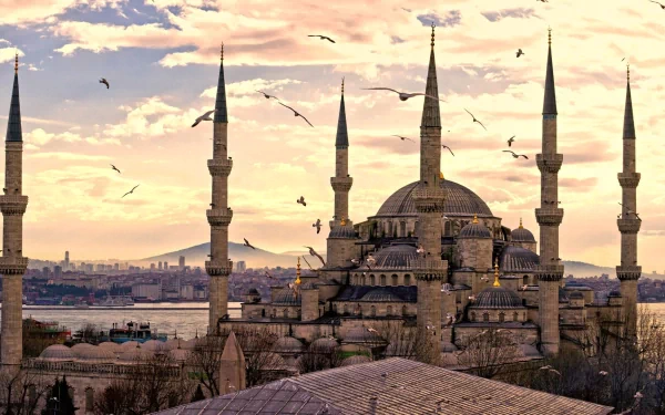 A stunning HD image of the Sultan Ahmed Mosque at sunset, showcasing its majestic minarets and rich architectural details, set against a vibrant sky and city backdrop.