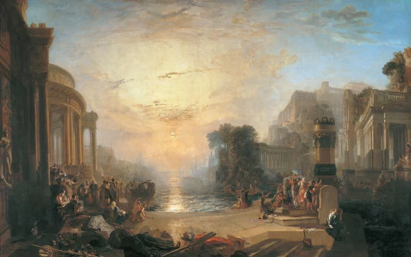 Artistic oil painting depicting a classical riverside scene at sunset, rendered in rich detail, presented as an HD PC desktop wallpaper and background.