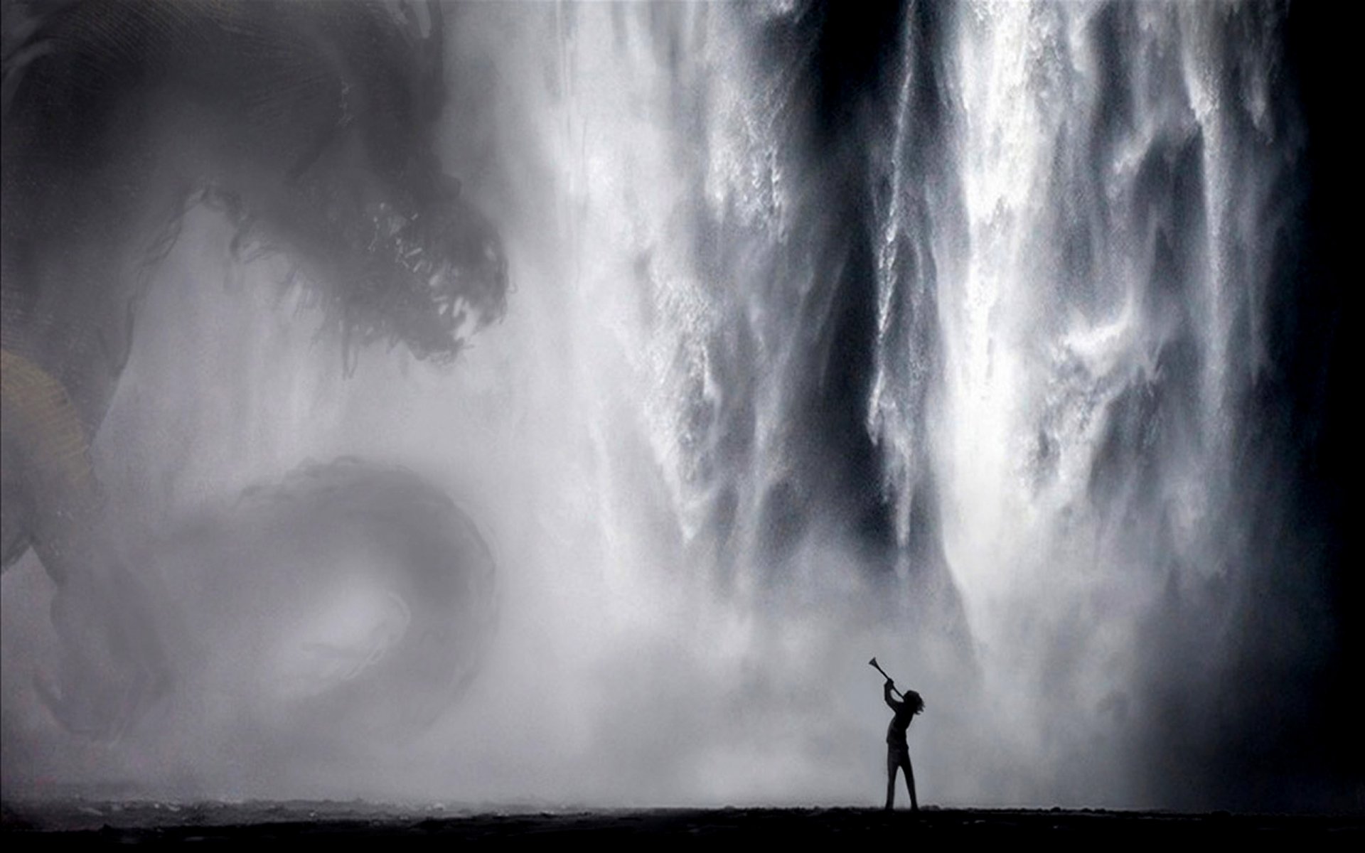 A stunning HD fantasy wallpaper featuring a lone figure facing a massive dragon near a dramatic waterfall, blending elements of adventure and magic.