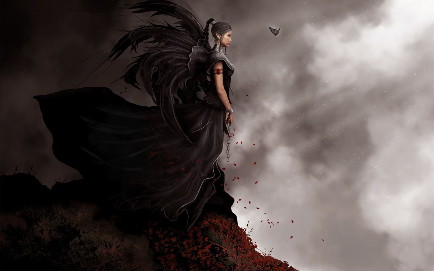 A captivating fantasy scene featuring an angelic figure in a dark, flowing gown with wings, standing on a cliff against a backdrop of dramatic clouds. This HD wallpaper evokes a sense of mystery and wonder.