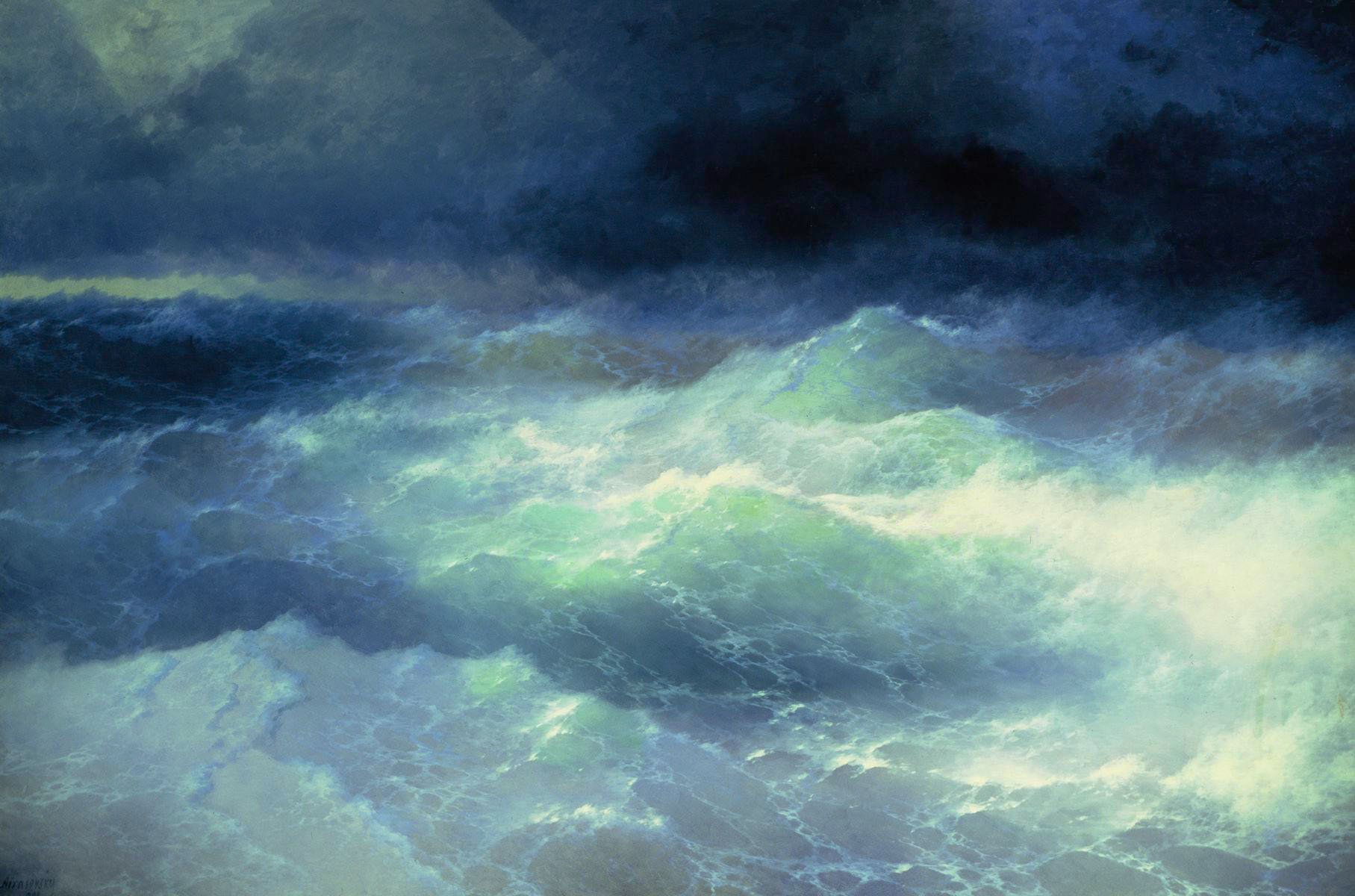 Artistic oil painting of turbulent teal and navy ocean waves beneath a stormy sky — HD PC desktop wallpaper background