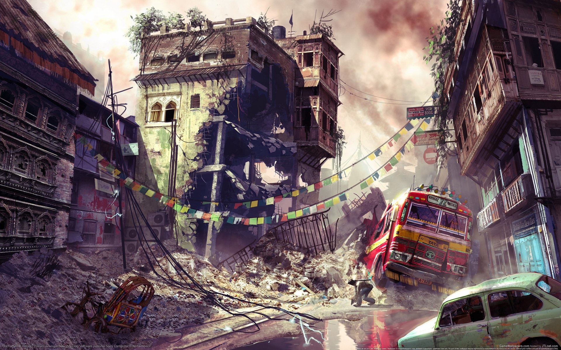 A captivating HD desktop wallpaper from Uncharted 2: Among Thieves, featuring a dramatic scene of a ruined cityscape, with crumbling buildings and an overturned vehicle under a stormy sky.