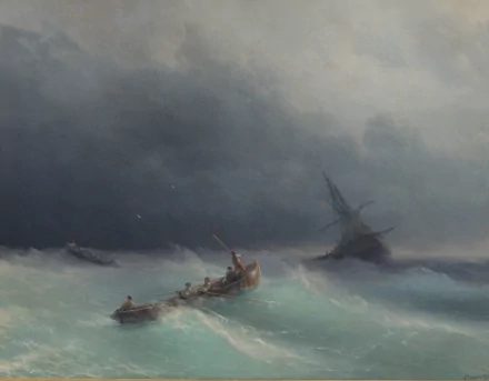 A dramatic oil painting depicting turbulent seas with boats struggling against the waves, set against a moody sky. This artwork serves as a captivating 4K Ultra HD desktop wallpaper.