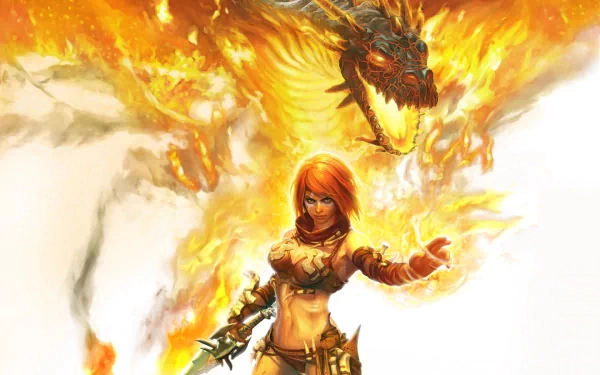 HD desktop wallpaper featuring Tyris Flare, a woman warrior from the video game Golden Axe: Beast Rider, with a fiery dragon looming behind her.