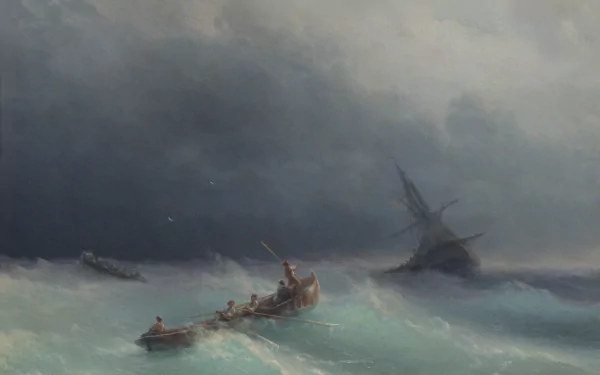 A dramatic oil painting depicting turbulent seas with boats struggling against the waves, set against a moody sky. This artwork serves as a captivating 4K Ultra HD desktop wallpaper.