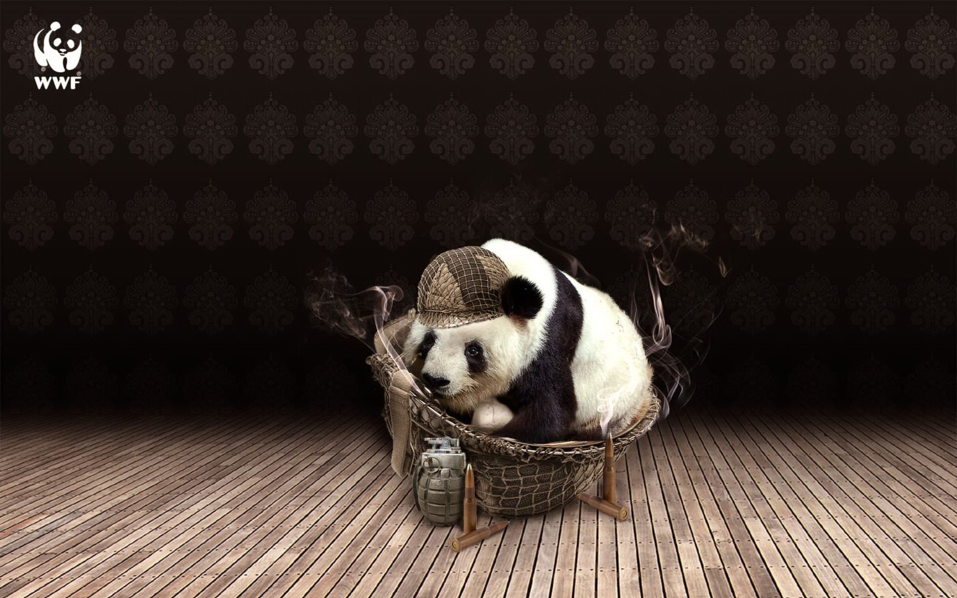 HD PC desktop wallpaper featuring a panda dressed as a detective, sitting on a chair with a pipe, set against a dark patterned background with a WWF logo.