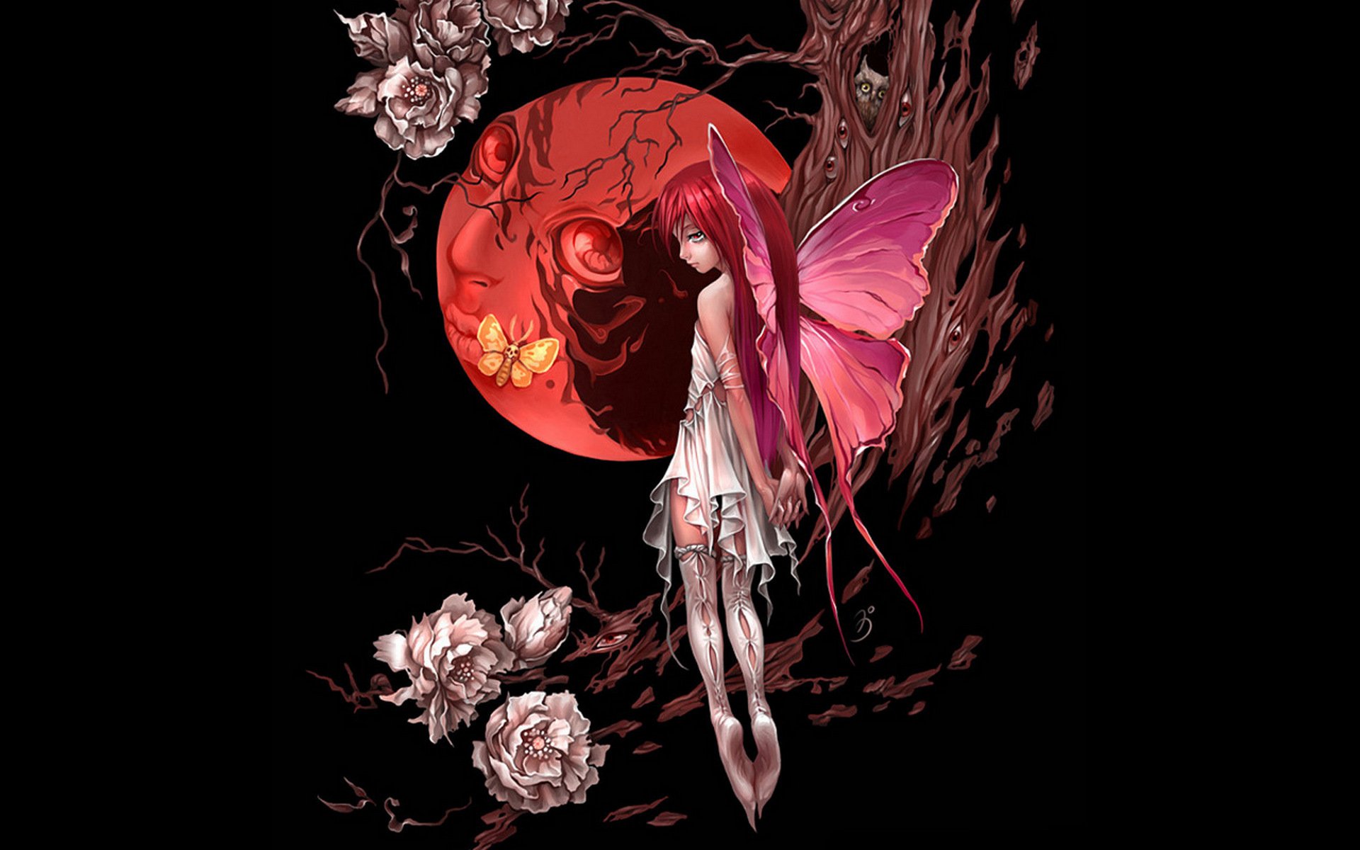 A whimsical fairy with pink wings stands beside a vivid red moon, surrounded by dark branches and blooming roses, creating a captivating fantasy scene for a stunning HD desktop wallpaper.